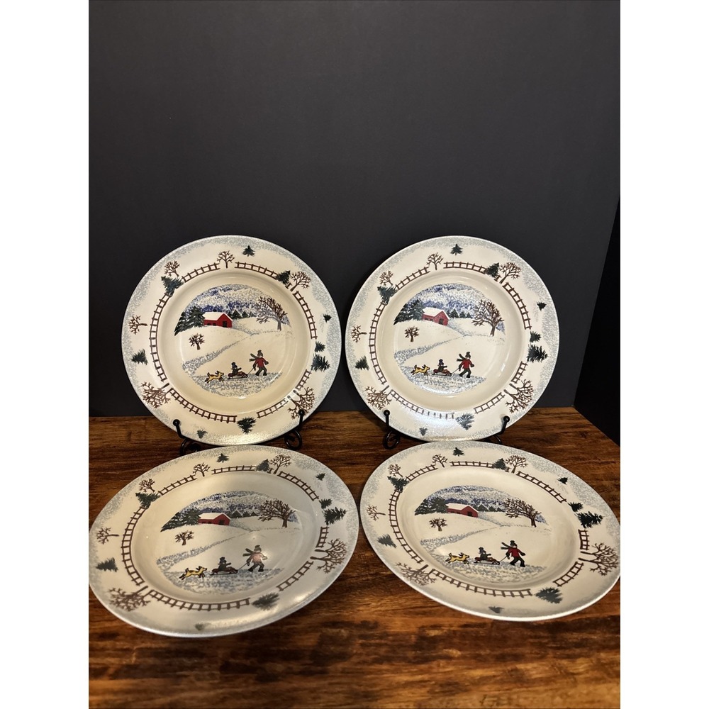 Tienshan Folkcraft Winterside Winter Side Salad Plates Set of 4 VTG 8 1/2"